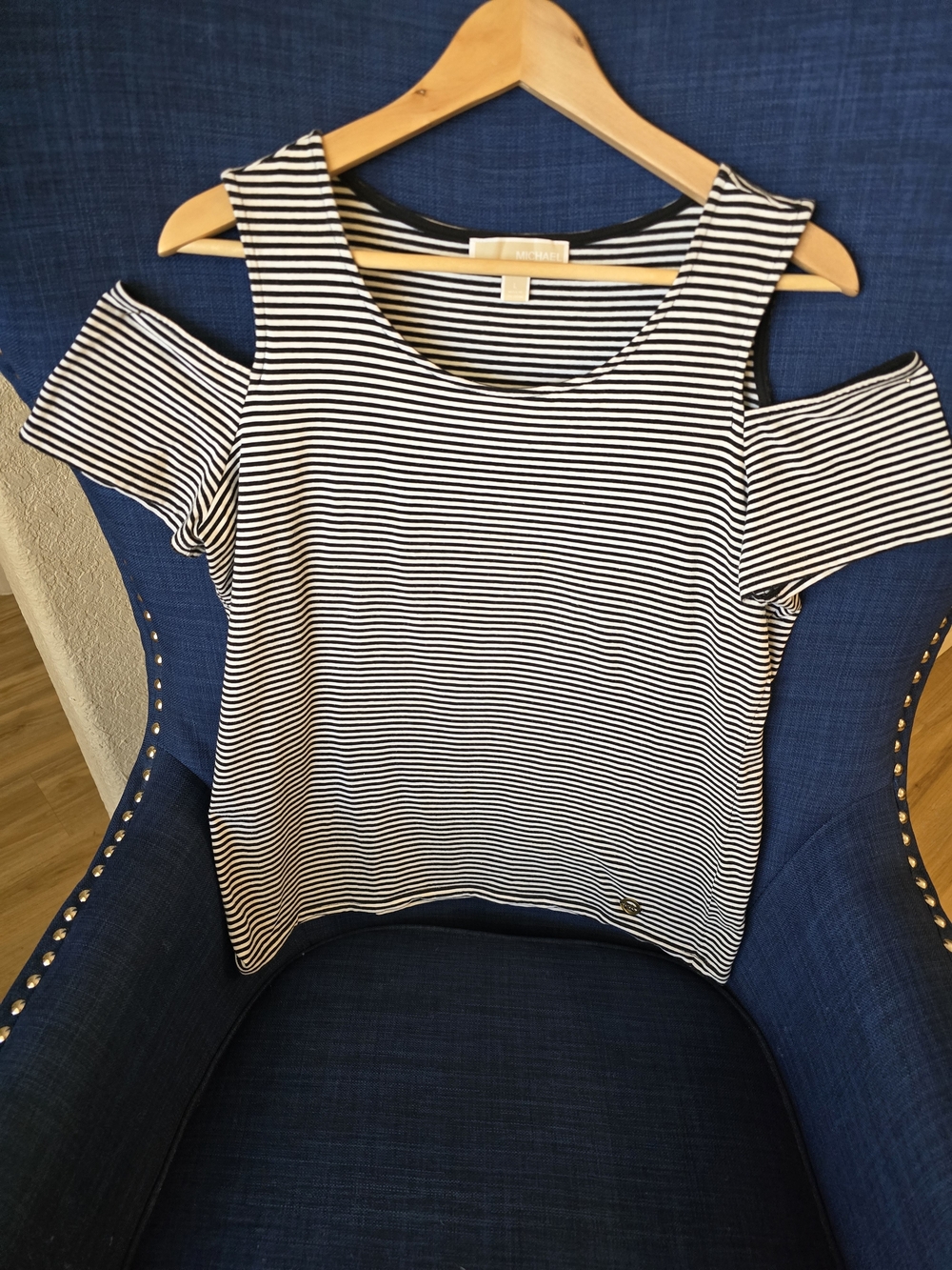 Michael Kors Black and White Striped Cold-Shoulder Top 95%Cotton